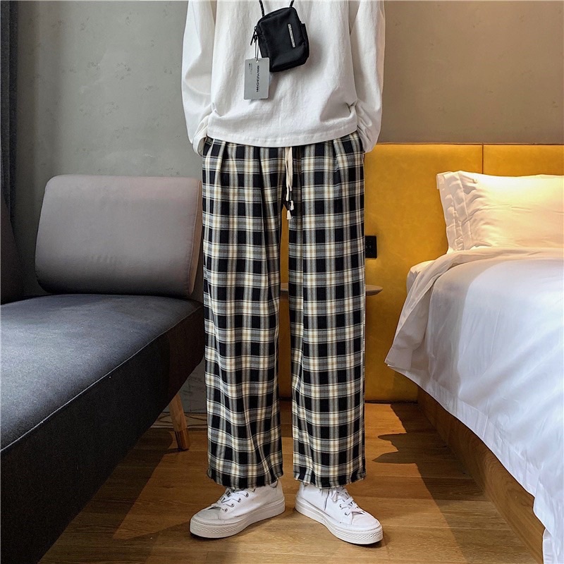 Quần caro ống rộng unisex 16 màu lưng thun