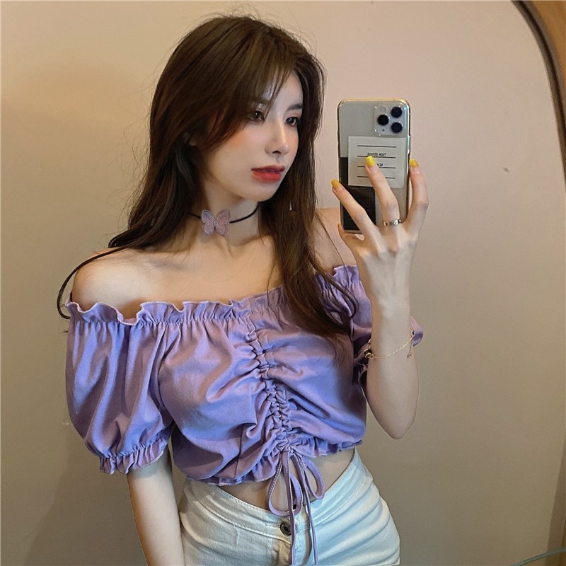 Áo trễ vai croptop rút ngực ulzzang phong cách Hàn Quốc, Áo hở vai rúm ngực ulzzang C48 - MaoMao