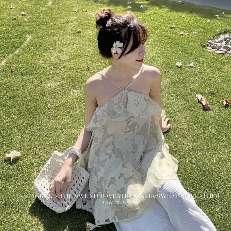 Áo yếm trễ vai hoa chìm tiểu thư 2 lớp/ Áo trễ vai