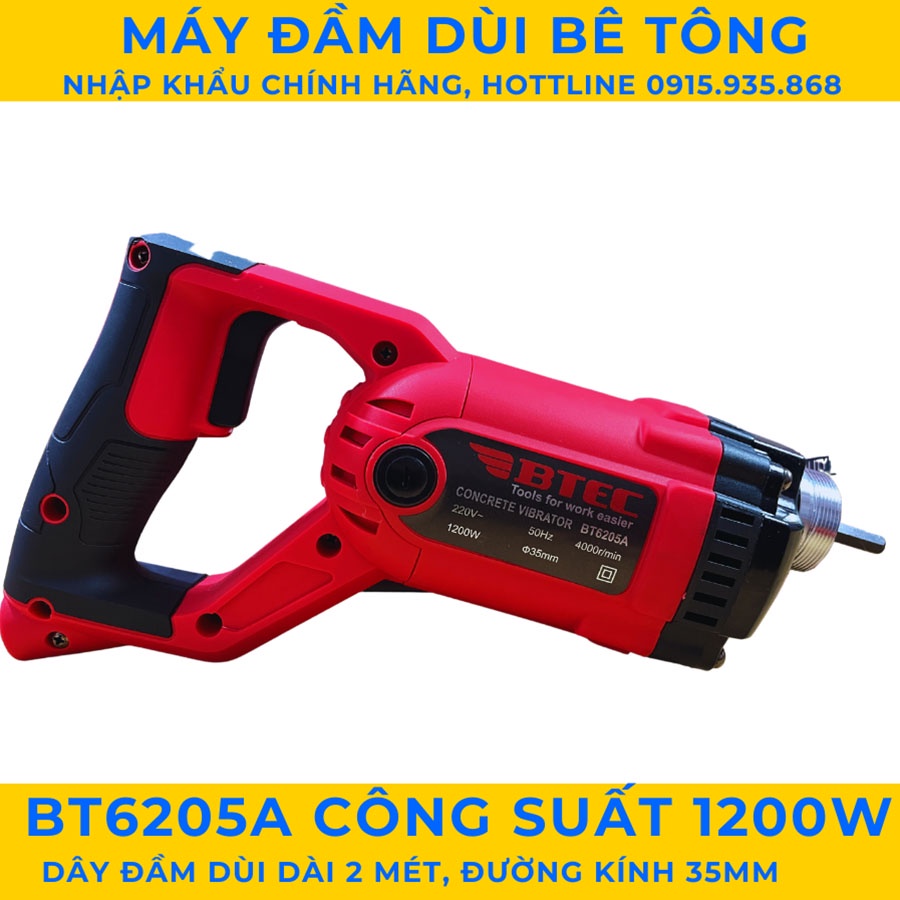 Máy đầm dùi bê tông btec6205a, công suất 1200w, dây đầm dài 2 mét