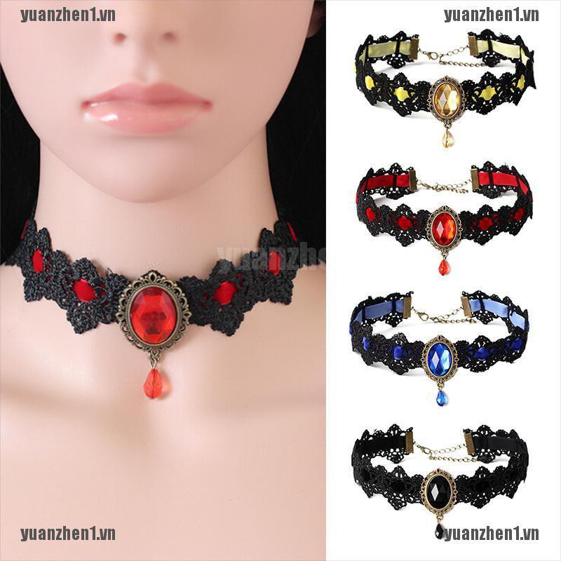 [YUANZHEN1] Vòng Cổ Choker Ren Đen Đính Pha Lê Phong Cách Gothic Cổ Điển