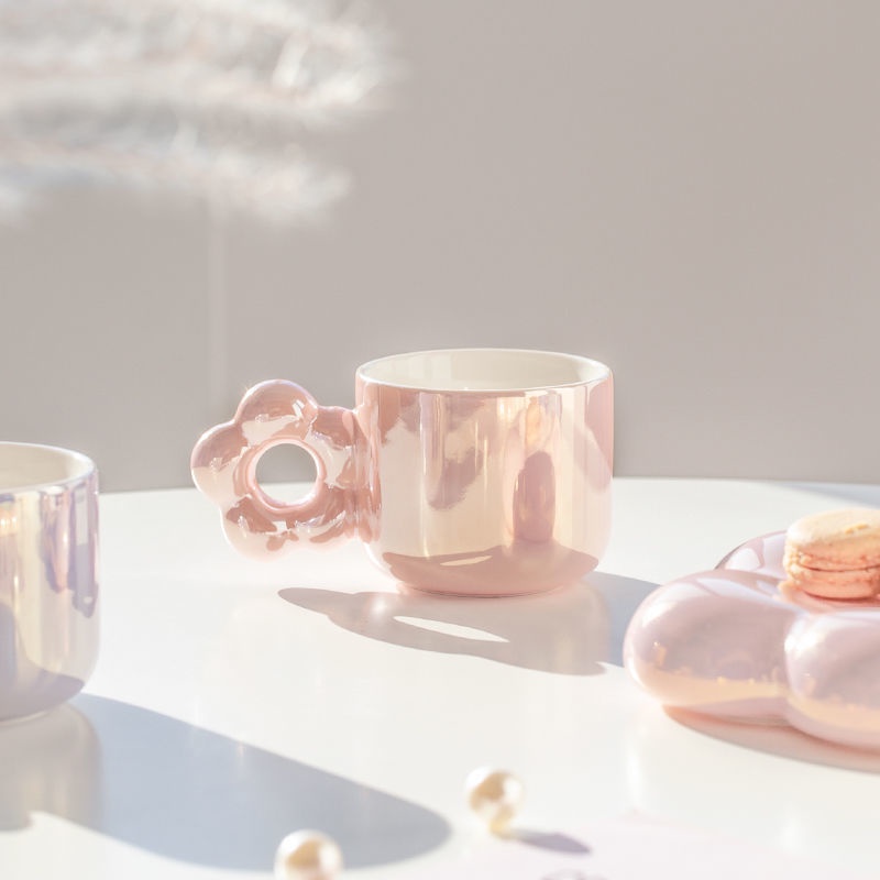 🎄Christmas gift Pearlescent Mug light luxury coffee cup dish high-end exquisite designer style ins style coffee cup female ceramic flower
