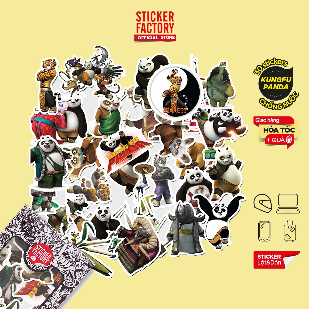 Hộp set 30 sticker decal hình dán nón bảo hiểm , laptop, xe máy, ô tô STICKER FACTORY - Kung Fu Panda