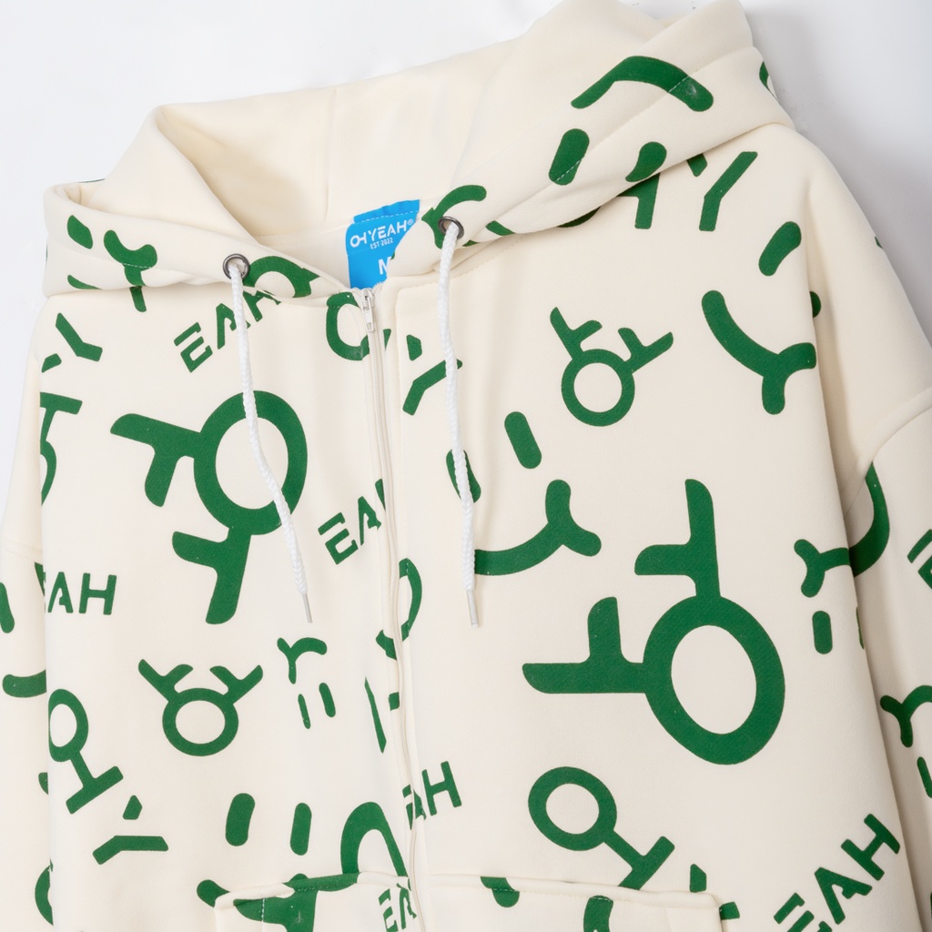 Áo Hoodie Zip 2 Lớp Unisex Local Brand OHYEAH LOGO - Kem / Xanh Lá