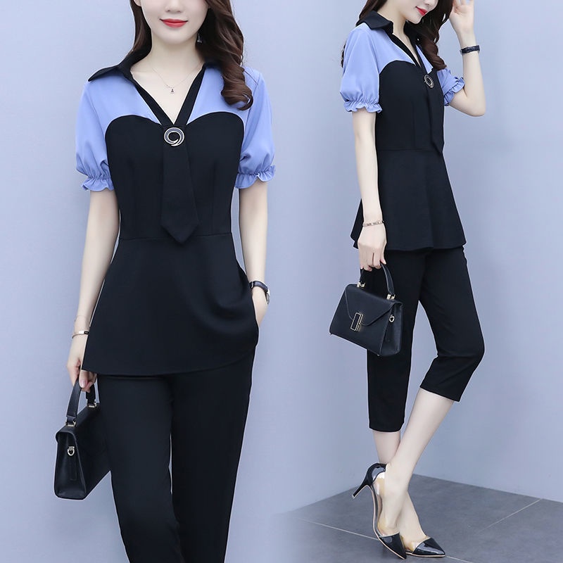 Bộ Trang Phục Hai Mảnh Gồm Áo Tay Ngắn Và Quần Cắt Eo Phong Cách Hàn Quốc Thời Trang Mùa Hè Kích Thước Lớn C8320