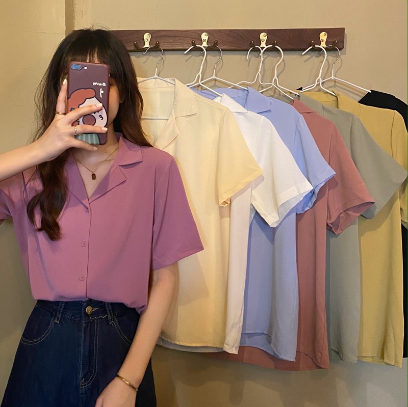Áo sơ mi tay ngắn dáng rộng kiểu Hàn Quốc 8 màu lựa chọn 42328