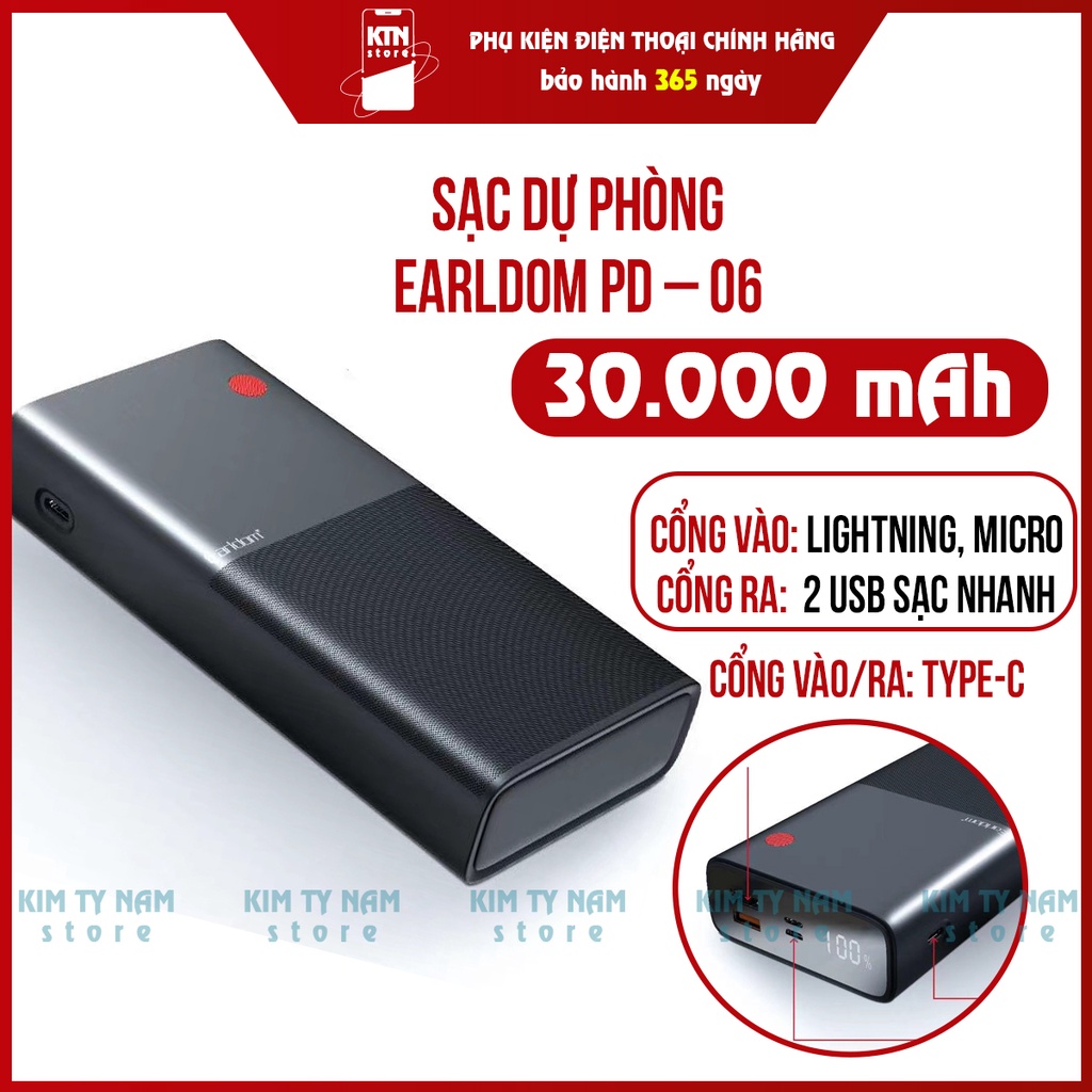 Sạc Dự Phòng 30000 mAh EARLDOM PD-06 Chính Hãng Sạc Nhanh 22.5W Cho Iphone SamSung Oppo