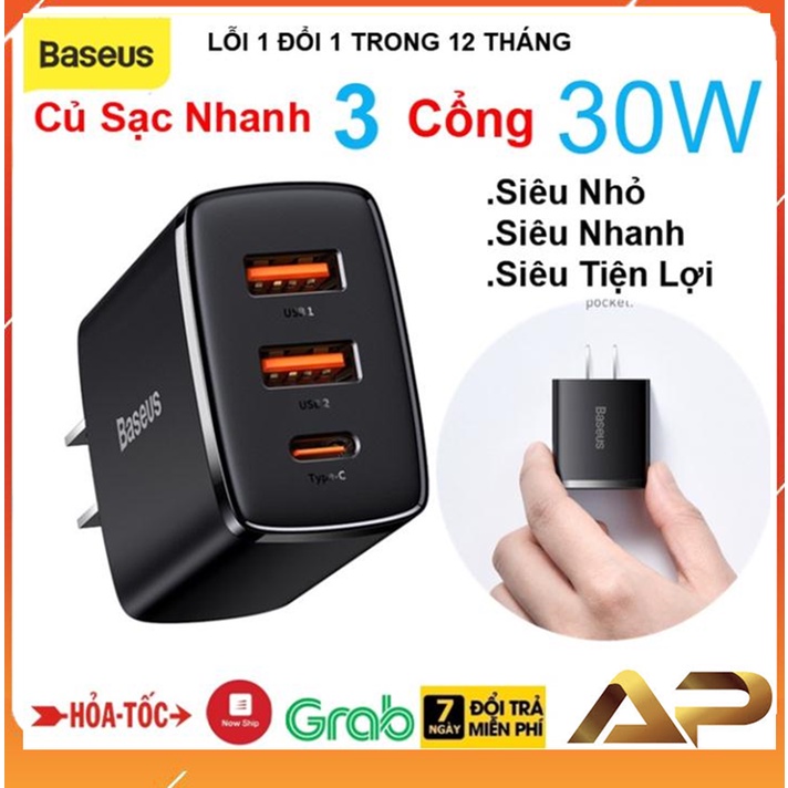 Củ Sạc Nhanh 3 Cổng 30W Baseus Siêu Nhỏ Gọn, Dùng Cho Iphone , Ipad , Samsung , Xiaomi . 2 USB + 1C Sạc nhanh PD3.0 QC3