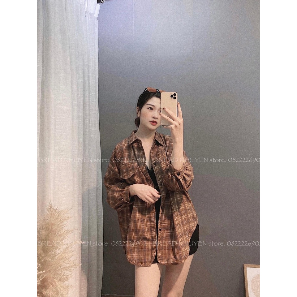 Áo Sơ Mi Kẻ Dài Tay 2 Túi Lệch Form Rộng Unisex Thời Trang Hàn Quốc/ Áo Khoác Nhẹ Mùa Hè Tay Bồng Dáng Thụng Ulzzang