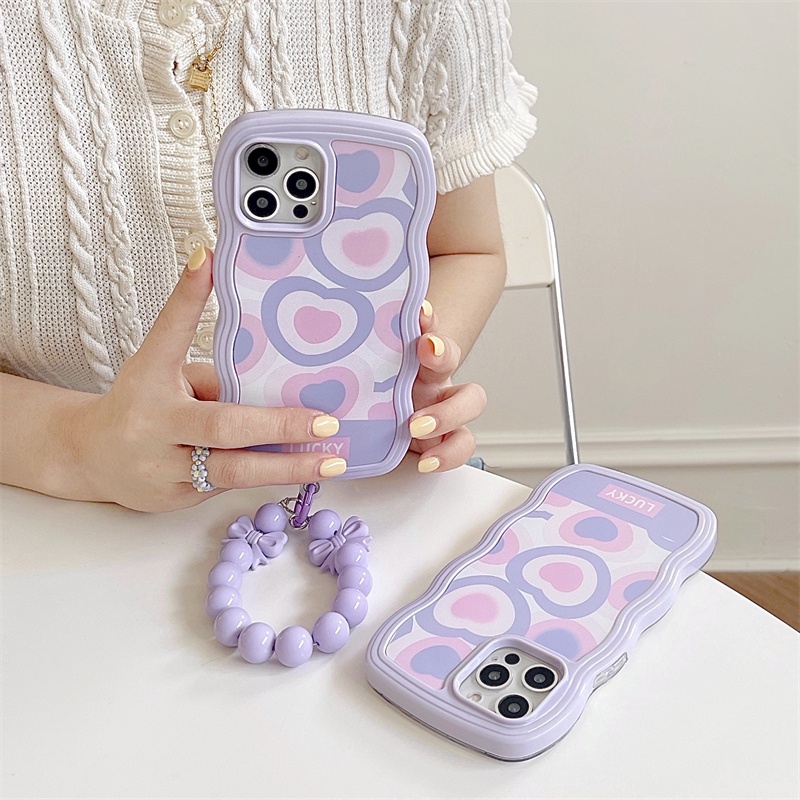 Ốp Điện Thoại Họa Tiết Trái Tim Màu Tím + Dây Chuỗi Hạt Cho Iphone13 13ProMax iPhone11ProMax 12Pro12 11 XS XR X XSMax