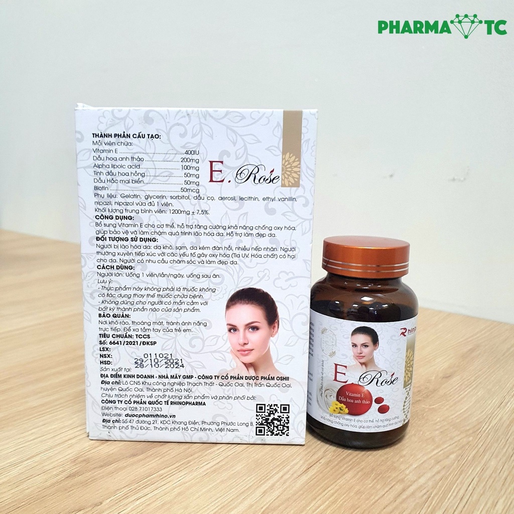 Viên uống vitamin E Rose Rhino, giúp sáng da, đẹp da  - Hộp 30 viên - PharmaOTC