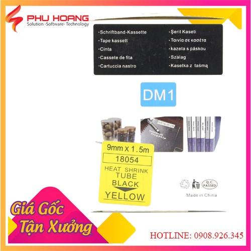 Ống co nhiệt Dymo DM-18054, chữ đen nền vàng khổ rộng 9MM dài 1.5 mét, sử dụng Dymo Rhino và Dymo LabelManager.