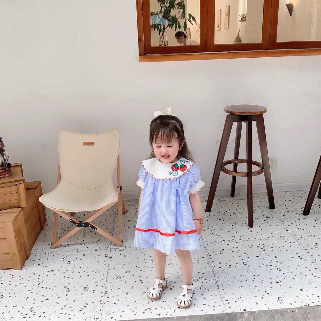 Set đầm dâu dâu tây kẻ sọc xanh + quần đùi bo chun cho bé gái từ 9-17kg [GS8]
