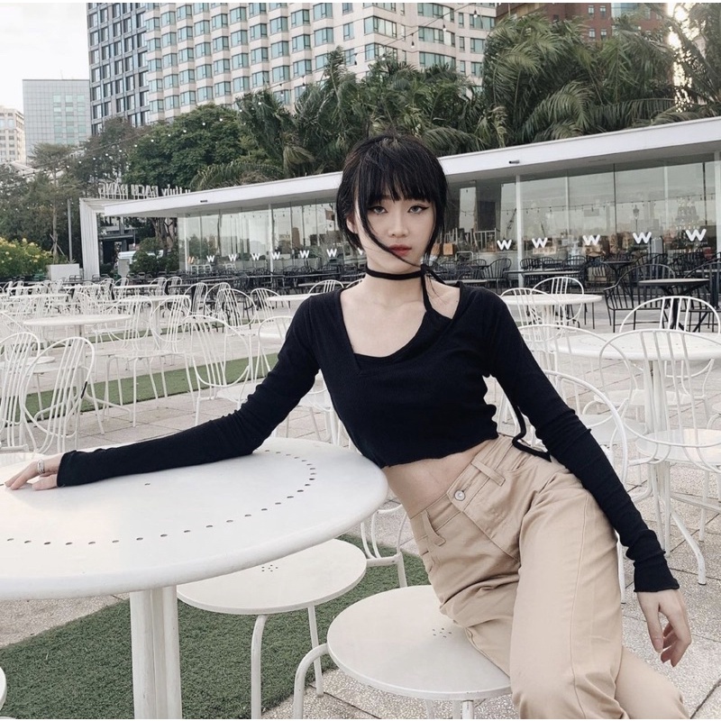 TINYMOOD | LANNA TOP | ÁO ĐEN DÂY DÀI CHOÀNG CỔ