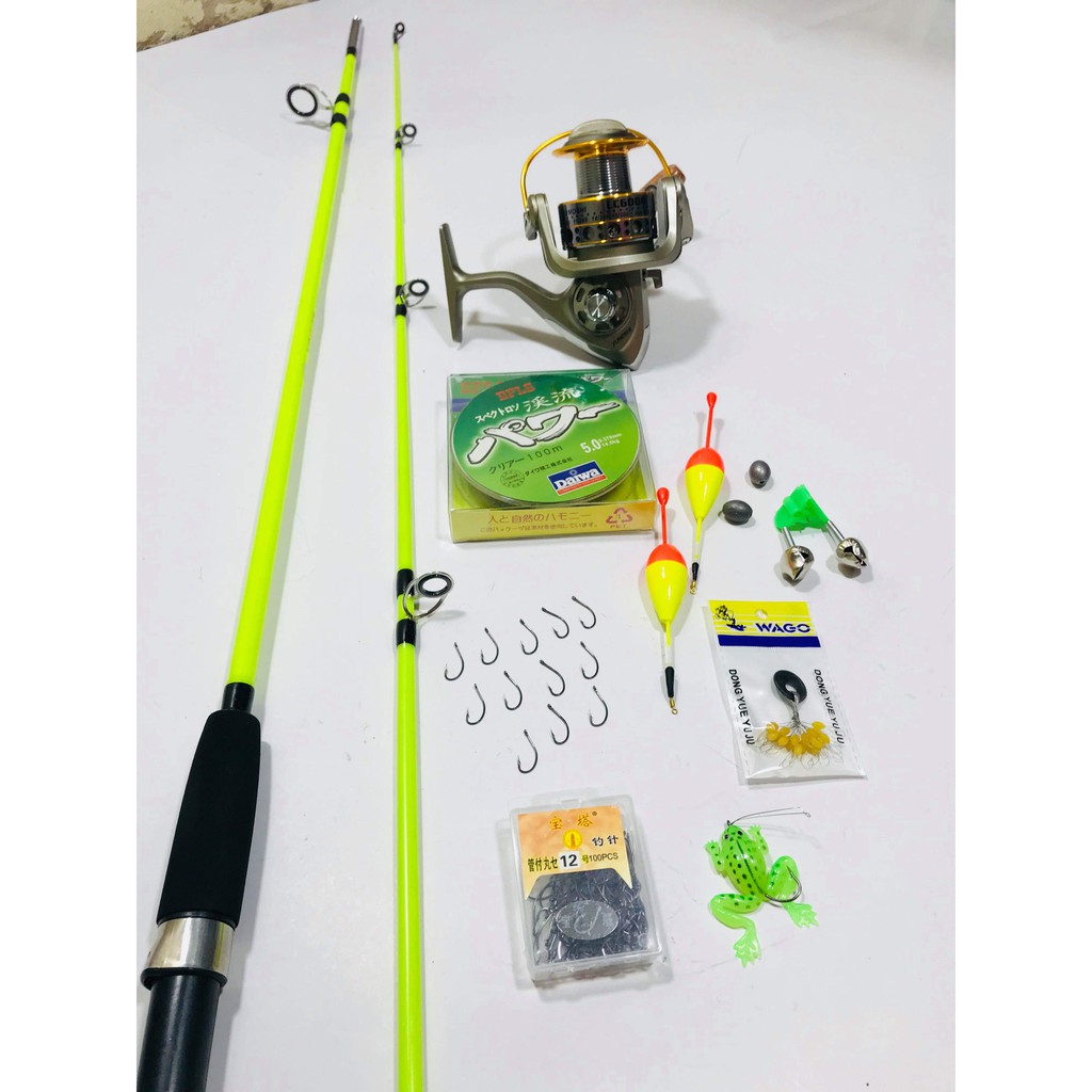 Bộ cần câu cá SHIMANO 2 khúc đặc và máy câu cá YUMOSHI LC 6000 và phụ kiện