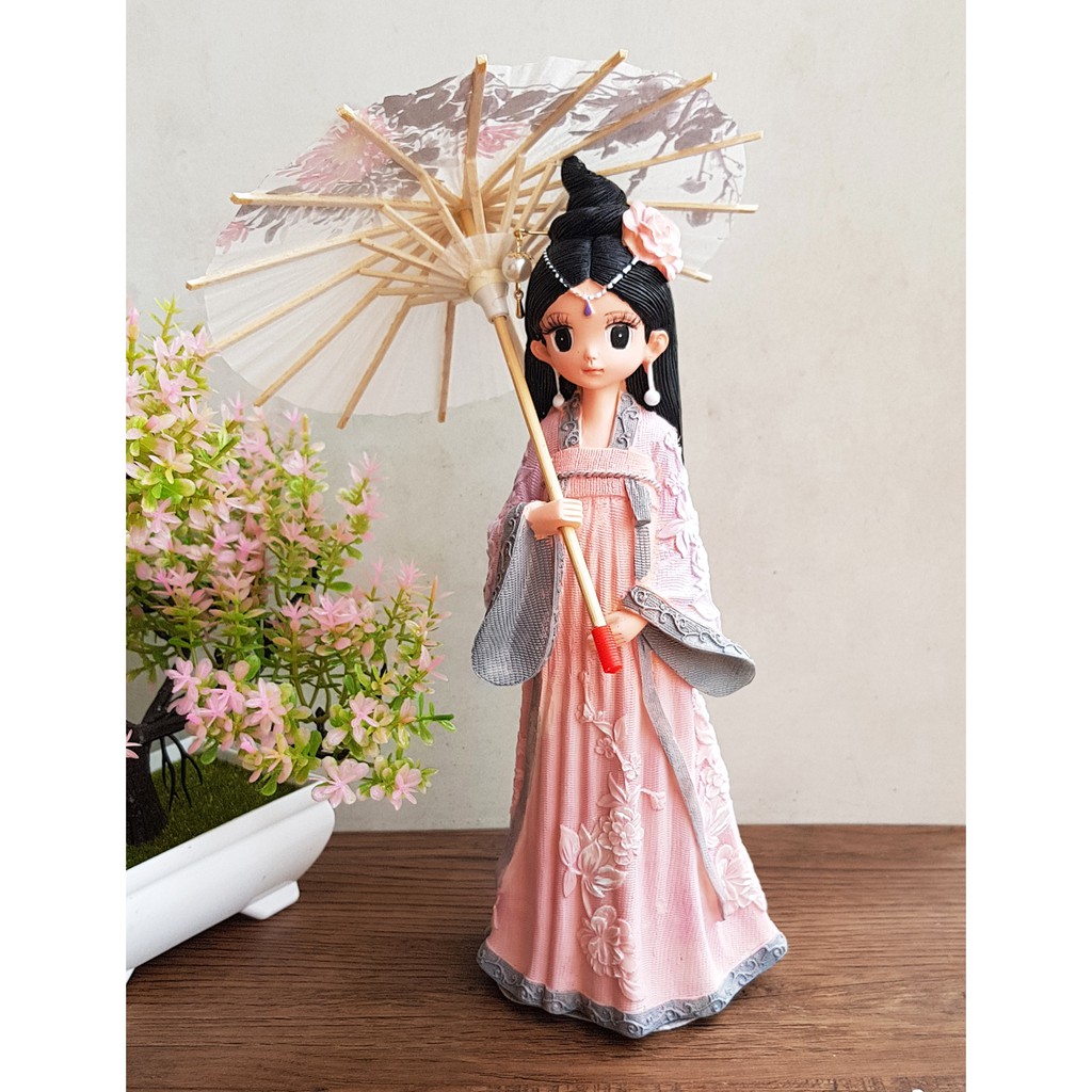 Tượng chibi thiếu nữ cổ trang che ô 3D sinh động 25cm - màu áo tím