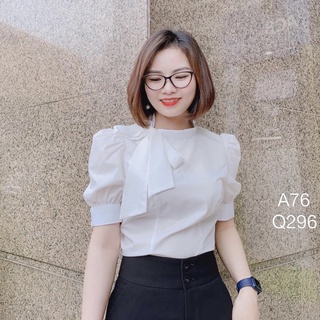 Sơ mi trắng cộc tay cổ buộc nơ, sơ mi kểu cách điệu chất liệu lụa hàn