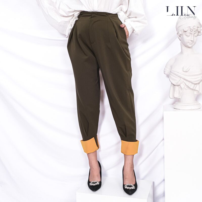 [Freeship đơn từ 0đ] Quần baggy nữ màu rêu gấu vàng LIIN Clothing Q3316