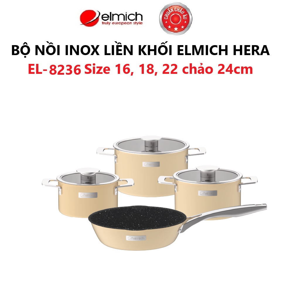 Bộ nồi Inox liền khối Elmich Hera Size 16, 18, 22, chảo 24cm( Màu Xanh/ Vàng/ Tím )