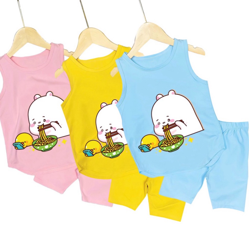 ( Km ) ( Khuyến mãi ) Bộ đồ bé gái sát nách hình thỏ ăn mì và vịt vàng cho bé gái từ 6kg đên 29kg.DBBG57.