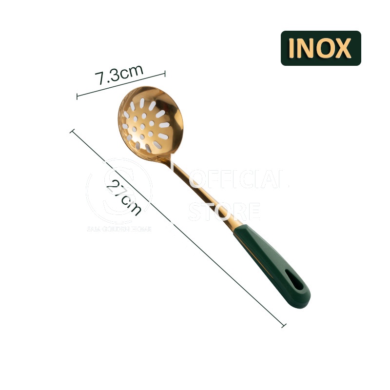 Muôi Vá Múc Canh Vàng Inox 304 Siêu Bền Cao Cấp Cán Xanh Lá Cổ Vịt Emerald (2 Mẫu)