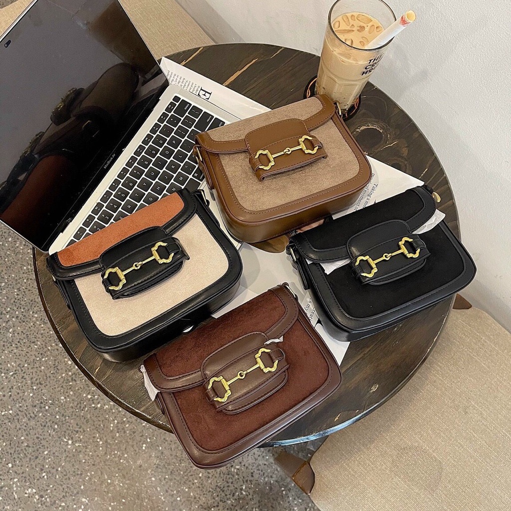 Túi đeo chéo nữ vân da nhung tăm da lộn phối dây bấm cúc cao cấp