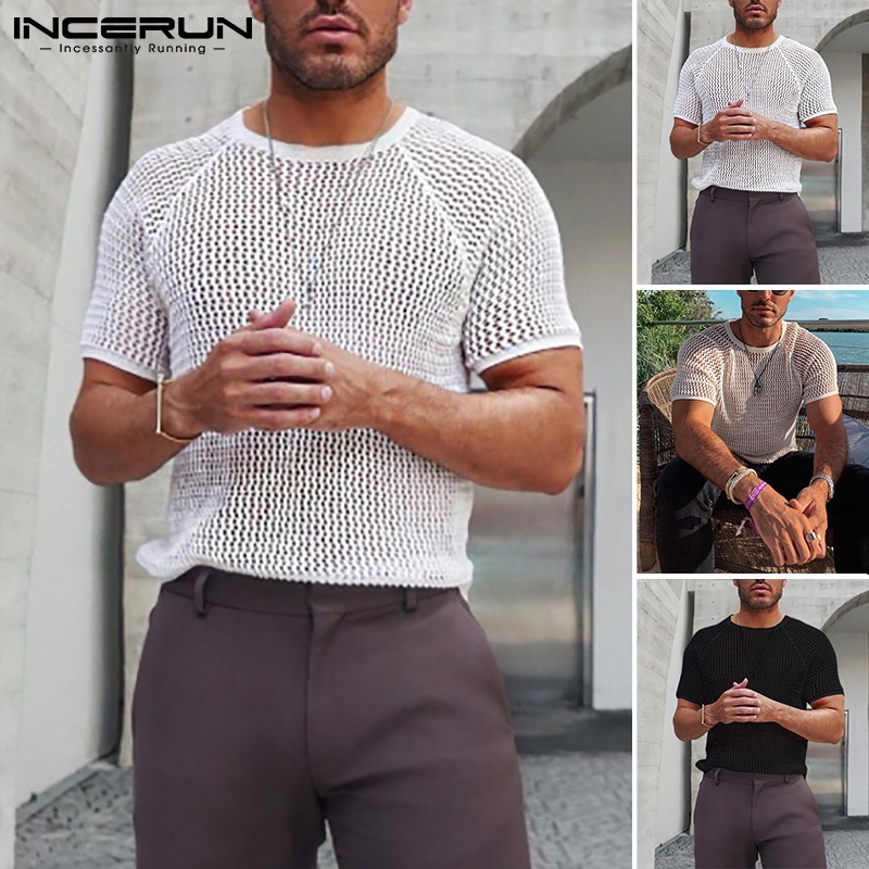 Áo kiểu INCERUN thiết kế tay ngắn trơn màu có lỗ xuyên thấu dành cho nam mùa hè