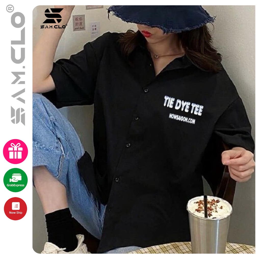 Áo SƠ MI NỮ form rộng cổ bẻ tay ngắn - lỡ dáng ulzzang freesize unisex mặc cặp, nhóm in chữ TIE DYE TEE màu đen