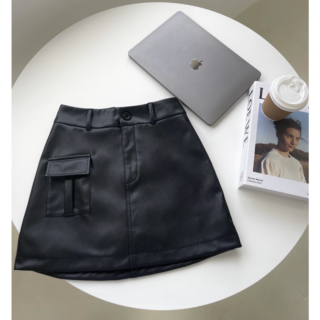 Quần váy da CMK phom chữ A ngắn, túi hộp - LEATHER SKORT 720 (Có lót quần bên trong)