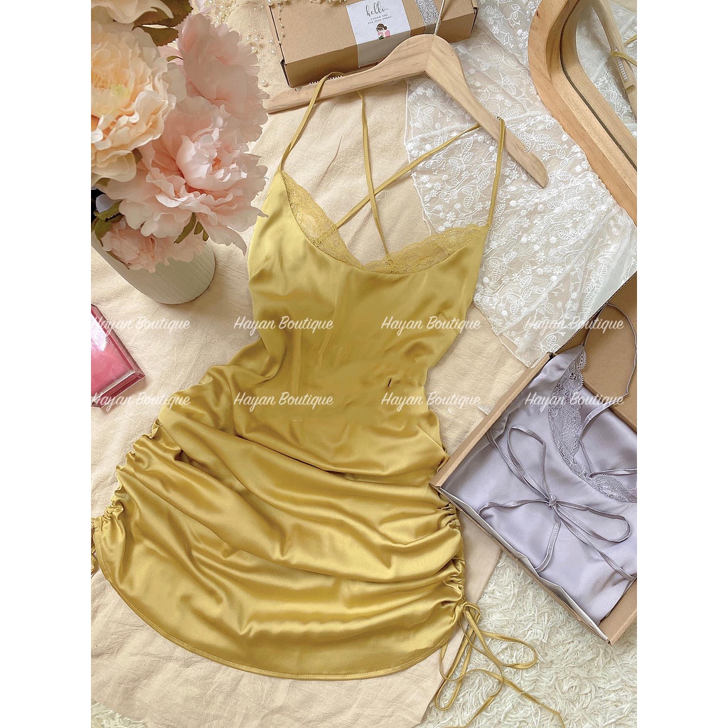 HT11 Váy ngủ sexy lụa cổ yếm hở lưng sang chảnh, Đầm ngủ lụa gợi cảm, Đồ ngủ 2 dây quyến rũ