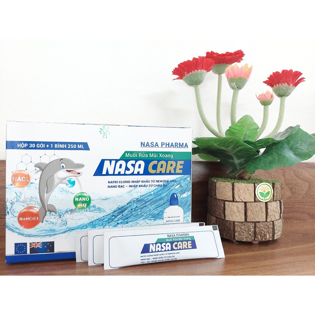 Muối rửa mũi xoang NASA CARE: Nano bạc Châu Âu, Natri clorid(tiêu chuẩn BP/USP) giúp loại bỏ chất nhầy, bụi bẩn