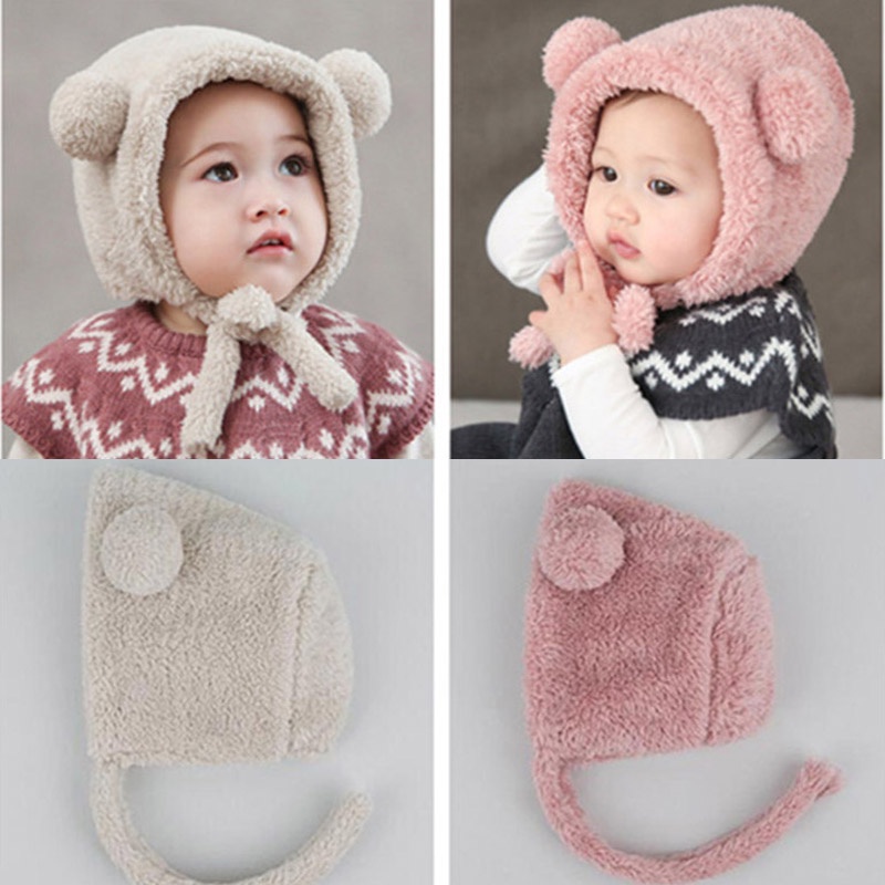 Mũ beanie Trùm Đầu Đính Quả Bông Dễ Thương Cho Bé