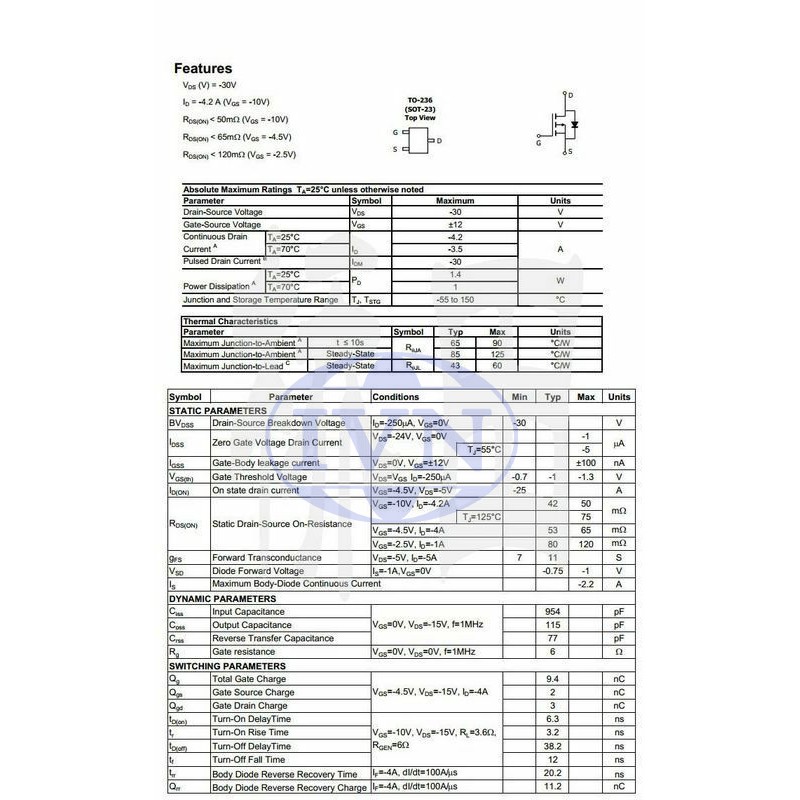 AO3401 A19T 20 con Linh Kiện Bán Dẫn MOSFET 4.2A 30V SOT23 Kênh P