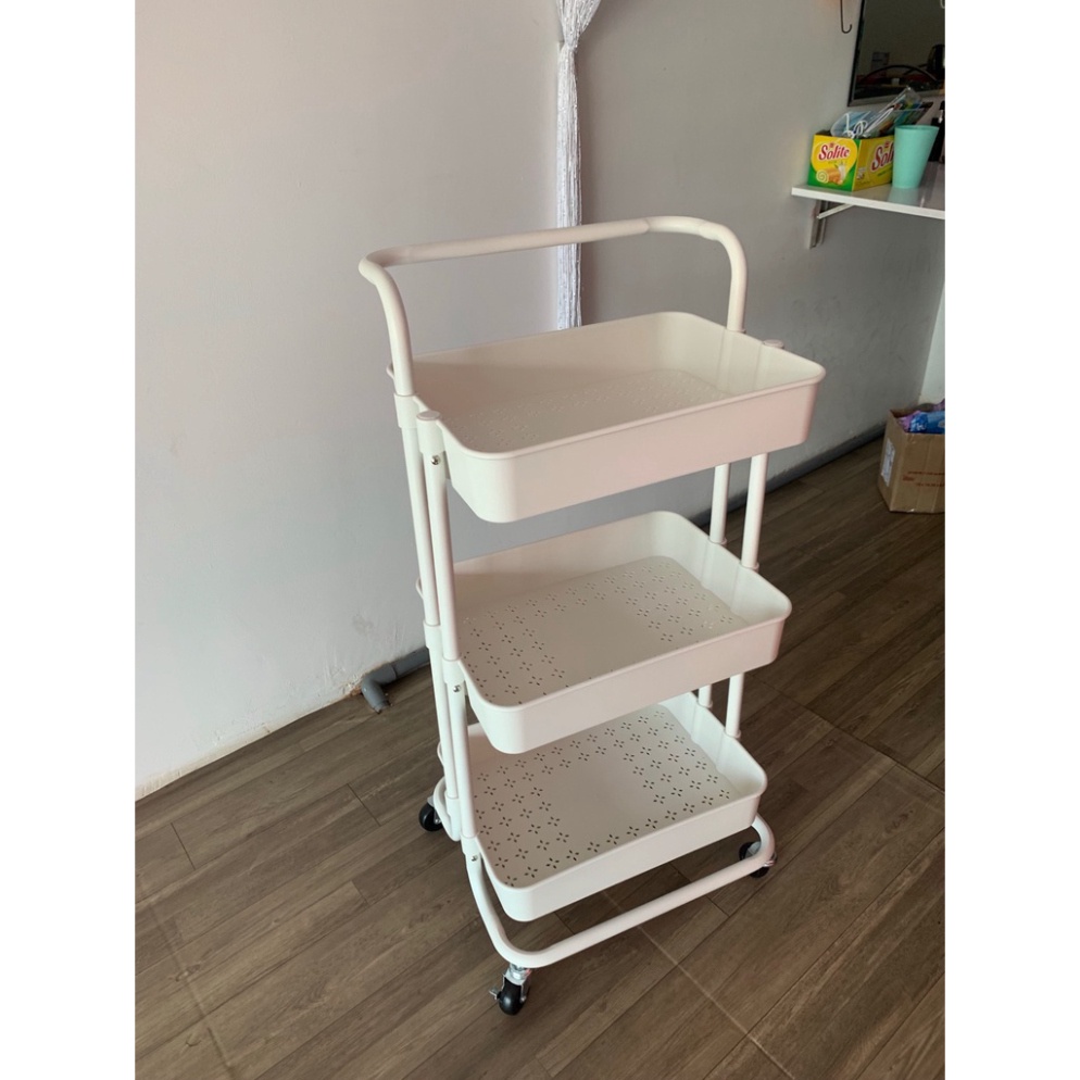 Xe đẩy gỗ 3 tầng có bánh xe, có ngăn kéo