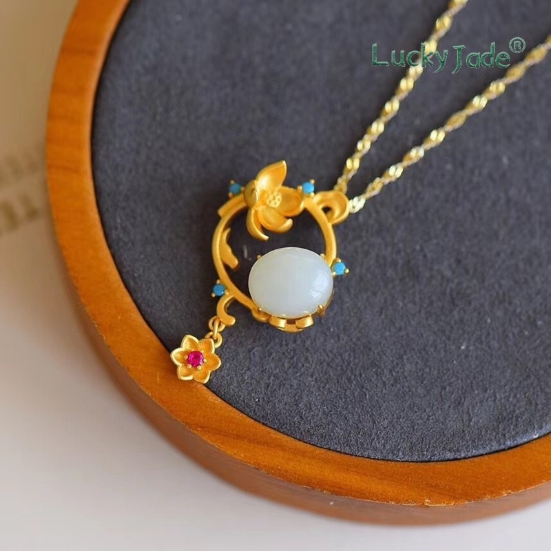 Vòng cổ Mạ Vàng 18K Đính Đá Ngọc Bích Trắng Phong Cách Cổ Điển Thời Trang Cho Nữ