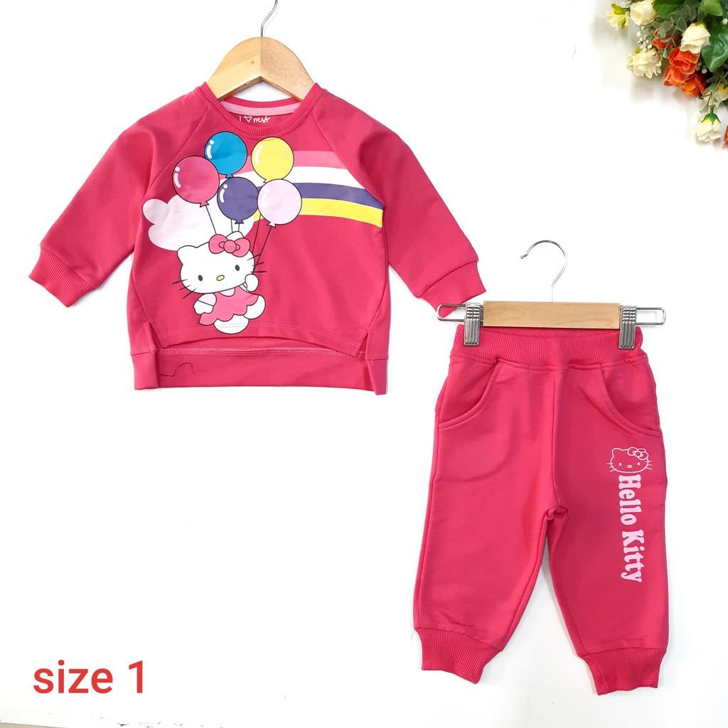 DG69-BT-29- Bộ tay dài bé gái, chất nĩ dày dặn, in hình hello Kitty cute màu hồng, tím&cam, size 7-12kg made in Việt Nam