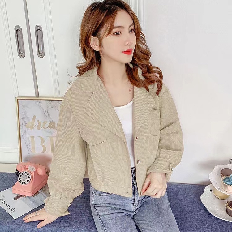 IELGY    Áo Khoác Nhung Kẻ Ngắn Giản Dị Dành Cho Nữ