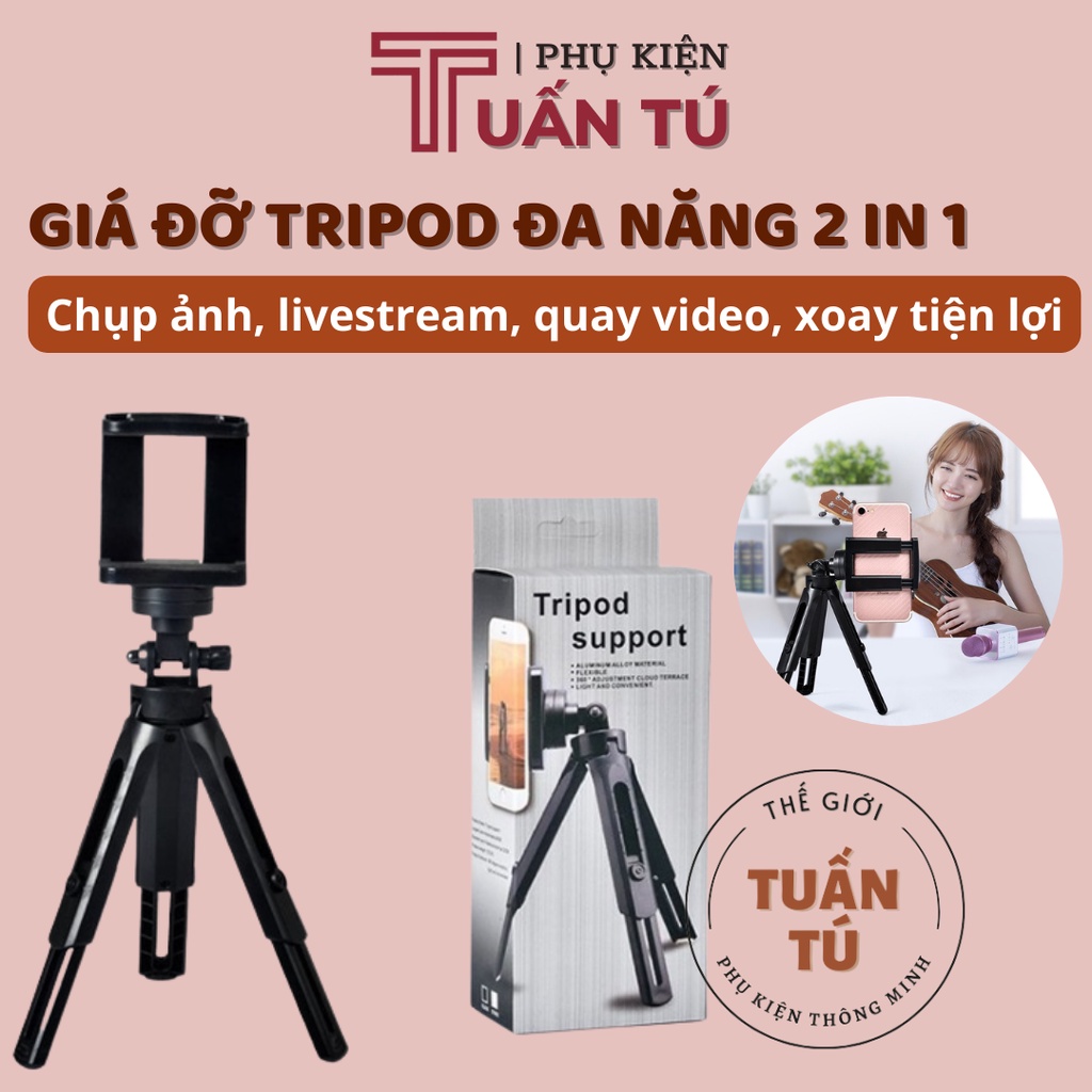 Tripod kèm kẹp điện thoại đa năng 2 trong 1 thỏa mái chụp ảnh, livestream, quay video, xoay nhiều góc độ tiện lợi