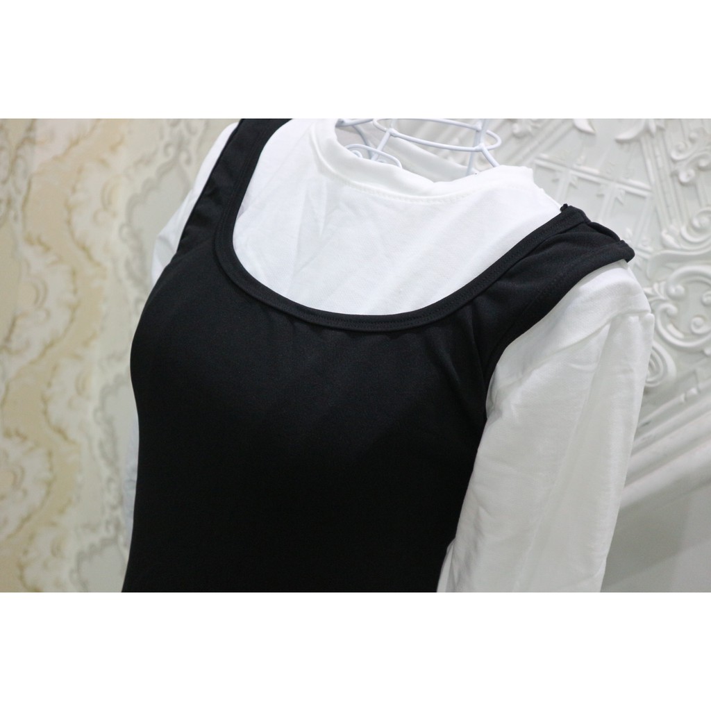 SD001 - Set đầm yếm ôm áo tay dài đen trắng (có ảnh thật)