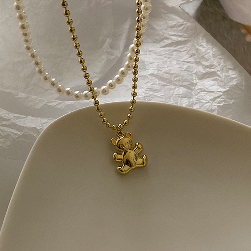 Vòng cổ Đính Ngọc Trai Giả Mặt Hình Gấu Thời Trang Dành Cho Nữ