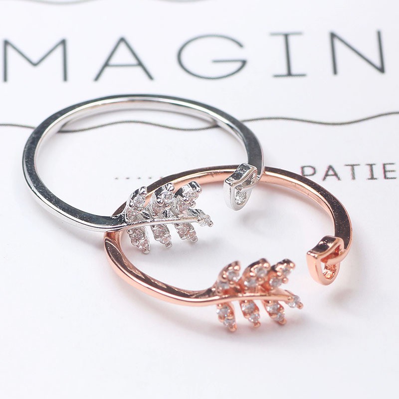 Nhẫn lá ô liu đính đá Zircon kết hợp trái tim Freesize cho nữ dễ thương phong cách Hàn Quốc J691