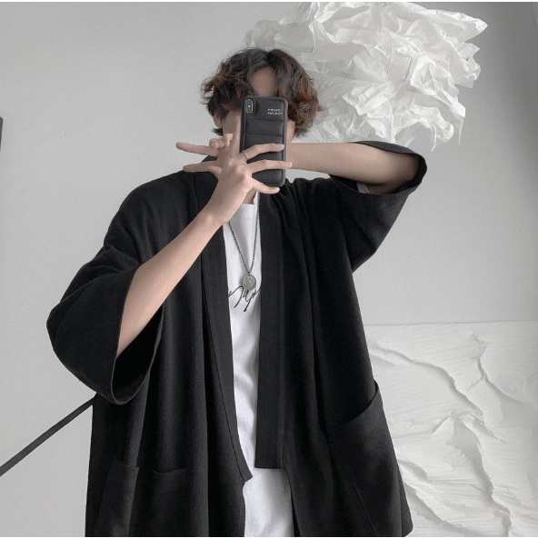 Áo khoác kimono haori trơn cách tân buộc dây