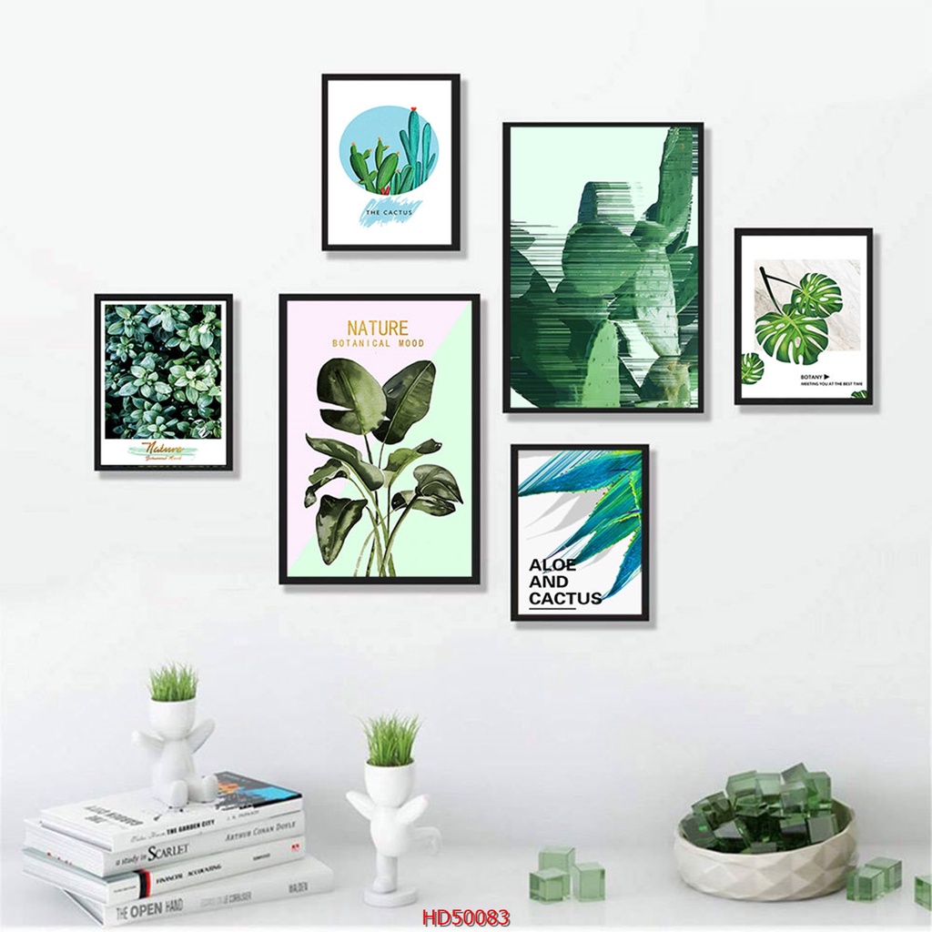 SET 6 Tranh Laminate Tráng Gương - Tranh Treo Tường Phong Cách Tropical - Lá Xanh Decor Phòng Khách, Phòng Ngủ