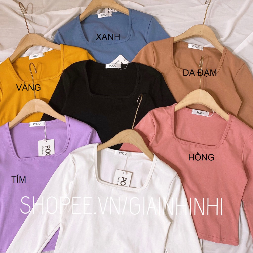 Áo thun cổ vuông trơn dài tay, Áo kiểu dài tay cổ vuông vải cotton co giãn PC1002 - NhiNhiShop