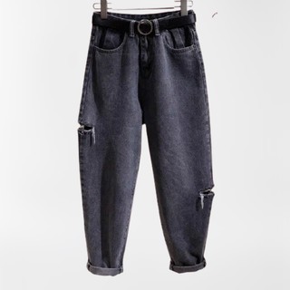 Quần jeans nữ baggy xám - Quần bò dáng baggy rách lệch cạp cao ống đứng - CM Fashion