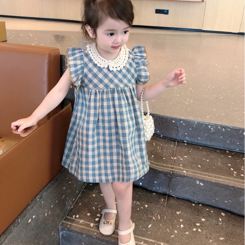 Hàng Có Sẵn Đầm Ngắn Tay Họa Tiết Ca Rô Một Mảnh Thời Trang Mùa Hè Phong Cách Hàn Quốc Cho Bé Gái