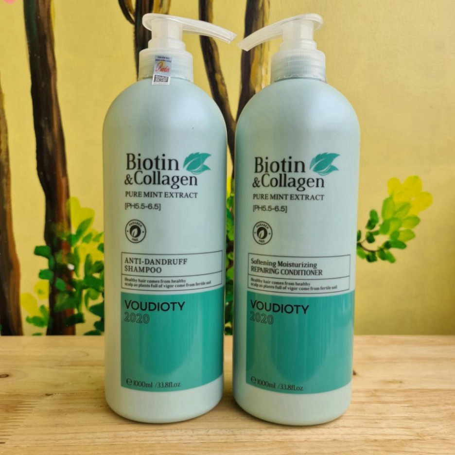 Chuyển phát nhanh [Ngăn ngừa gàu] Cặp Dầu Gội Xả Biotin Collagen Xanh Dương 1000mlx2| Biotin xanh dương