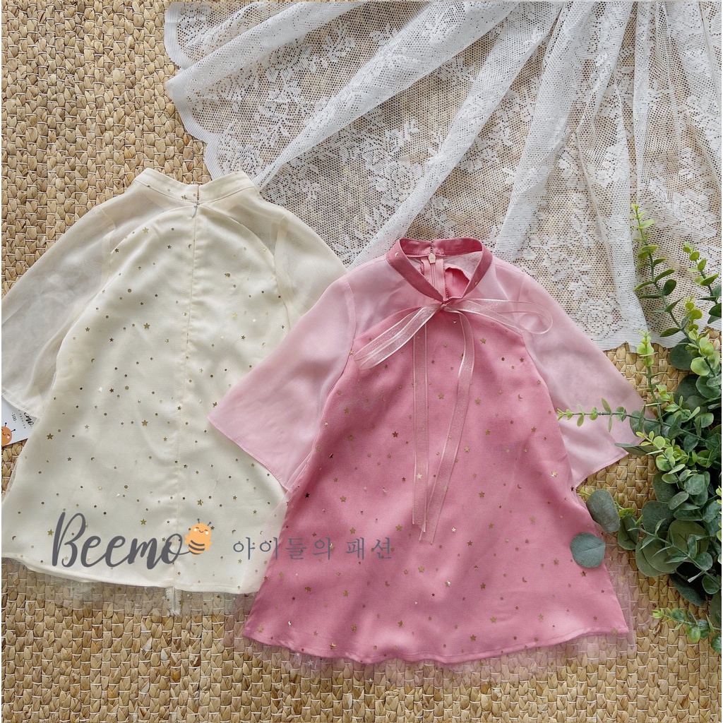 Set bộ áo dài Beemo chất lụa mềm mại kèm ren lưới họa tiết sao lấp lánh cho bé gái từ 1 đến 6 tuổi - 21D059
