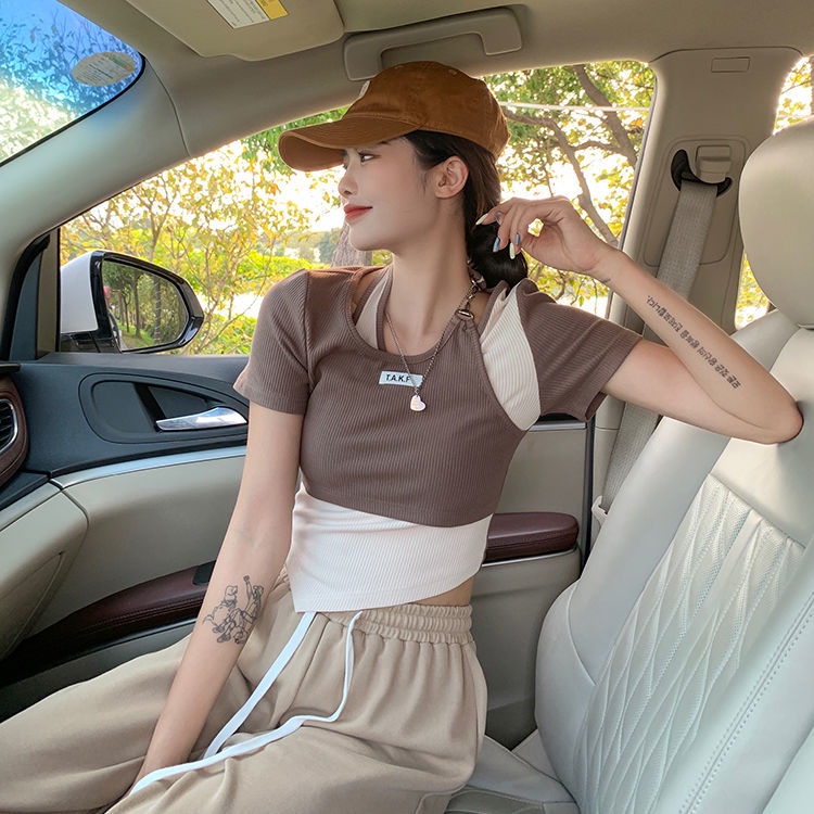 COZOK Áo Thun Tay Ngắn Dáng Ôm Phối Màu Tương Phản Trẻ Trung Phong Cách Hàn Quốc Hợp Thời Trang