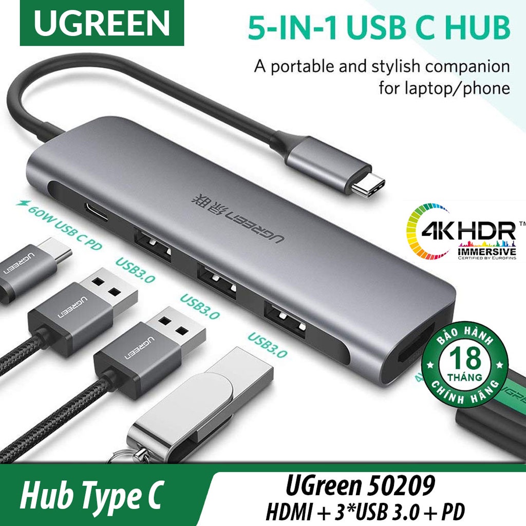 Thiết bị mở rộng USB type C sang HDMI / Hub USB 3.0 hỗ trợ sạc cổng USB C Ugreen 50209 Chính Hãng